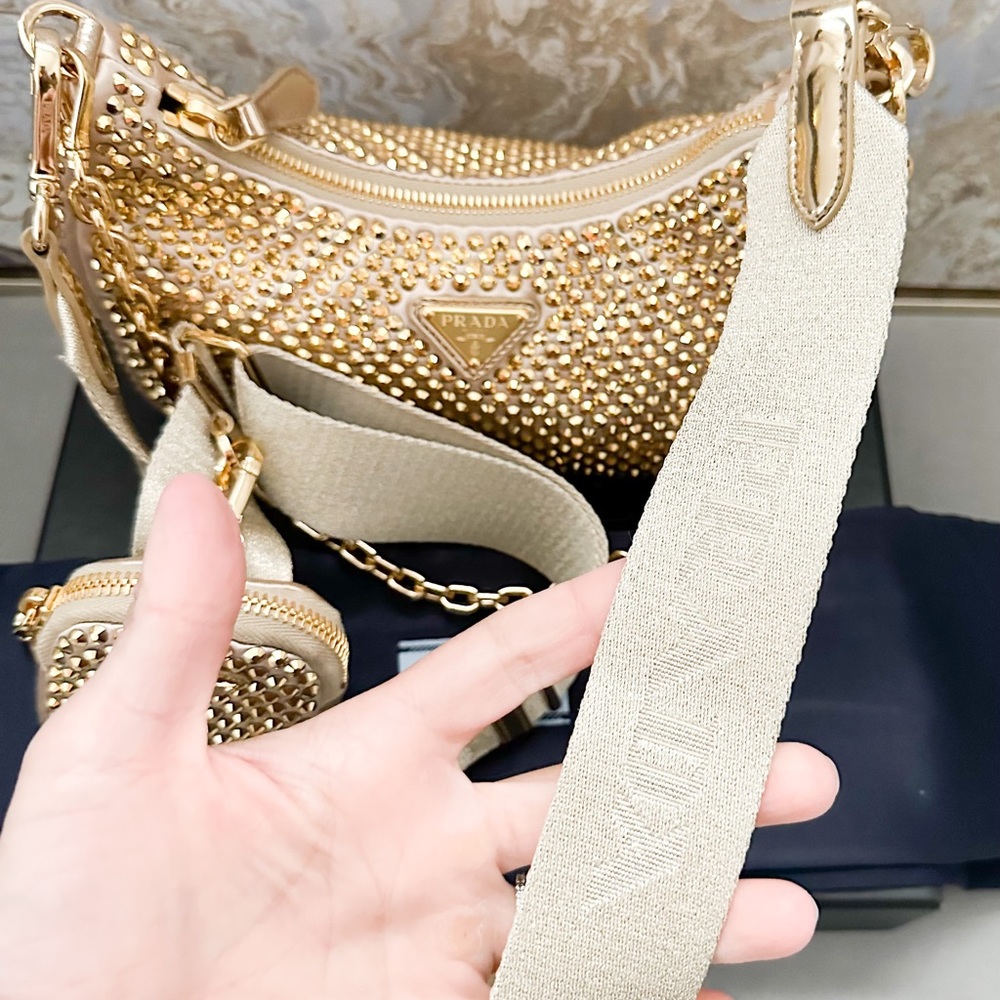 In Stores! Prada Crystal Embellished Metallic Re-Edition 2005 Gold Shoulder Bag - Picture 14 of 16